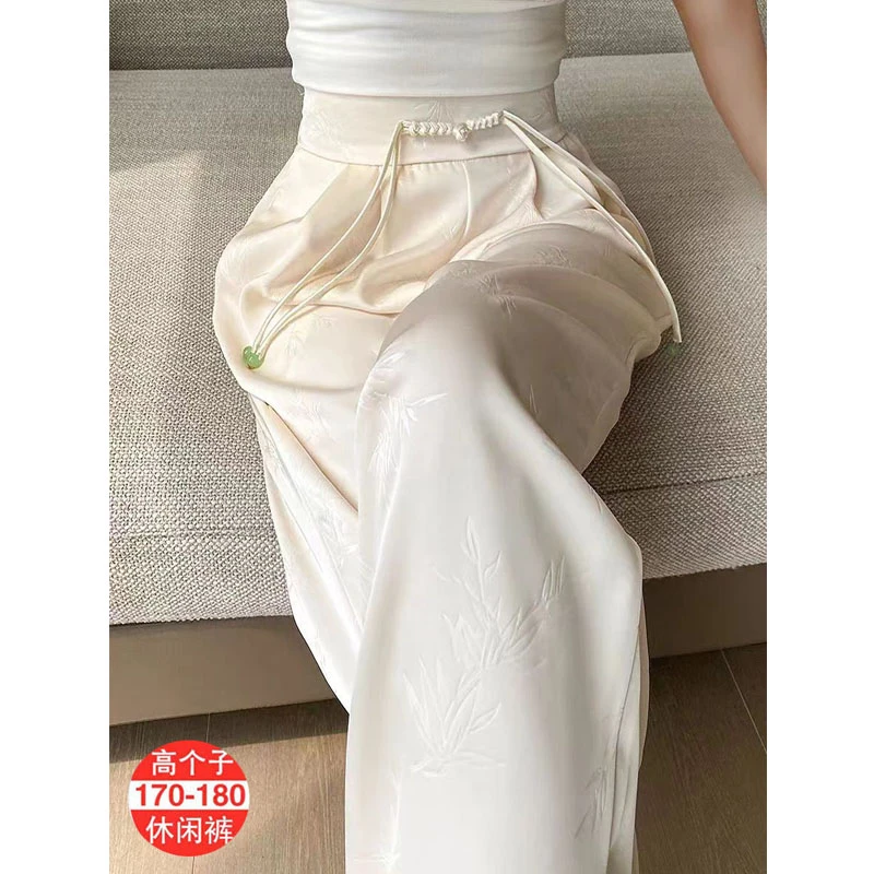 高个子新中式显瘦新款白色高腰时尚阔腿直筒垂感国风宽松设计感裤