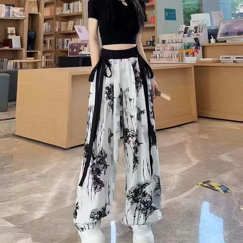 阔腿裤显瘦时尚夏季长裤薄款印花休闲韩版潮流飘带垂感直筒拖地裤