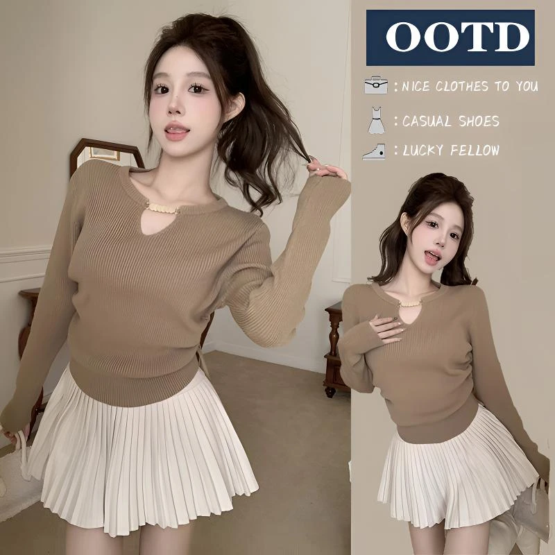 设计感抽绳针织衫女长袖秋冬2024新款修身气质显瘦毛衣内搭上衣女