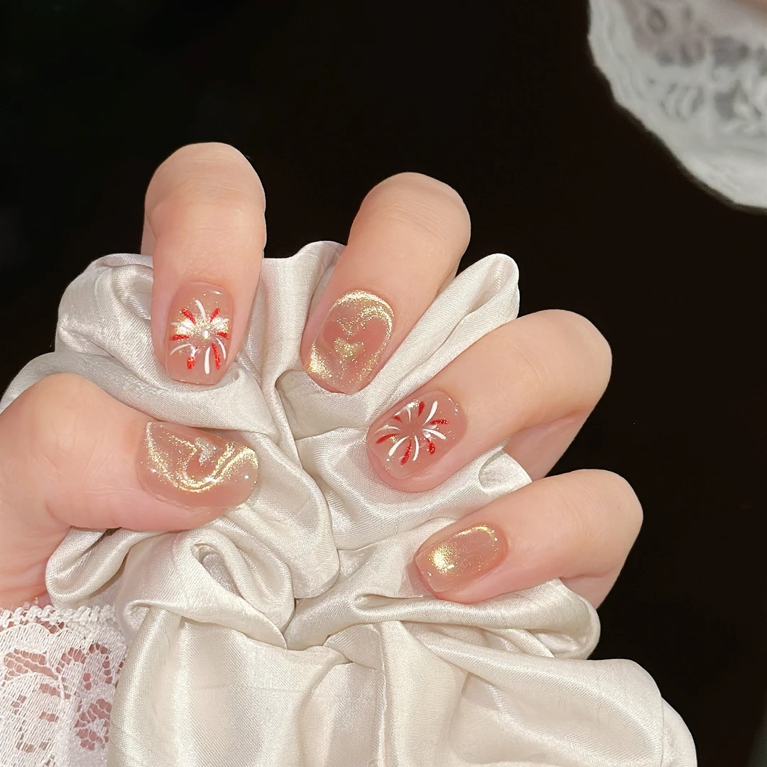 Rola nora 【浪漫烟花】纯手工穿戴甲 手绘爱心猫眼烟花 新年甲显白