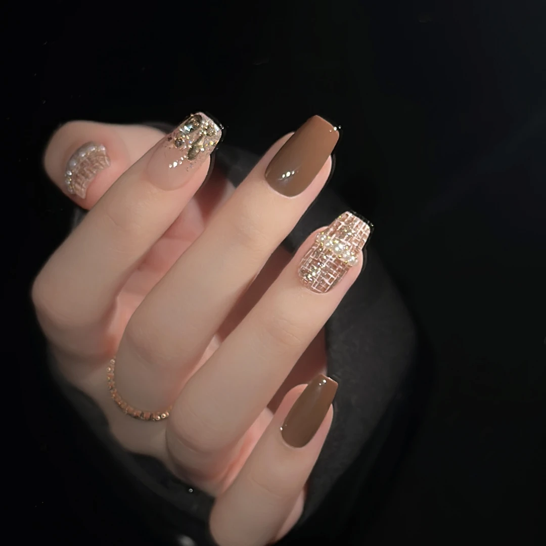 Rola nora 【小香】纯手工穿戴甲 手绘格子毛妮纹 秋冬小香风美拉德