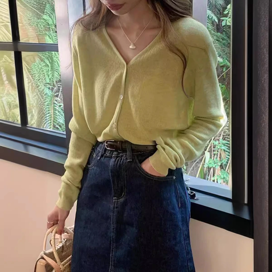 韩版领贝壳扣细羊毛针织开衫女春季新款宽松气质薄款长袖上衣潮