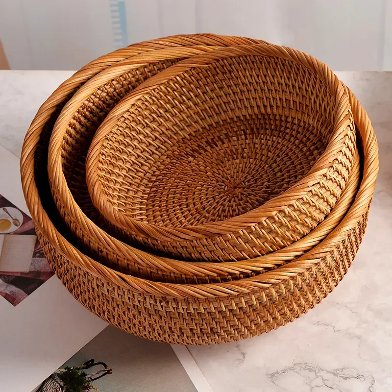 客厅圆形家用外出纯手工天然越南收纳筐馒头筐手工藤编圆边水果篮