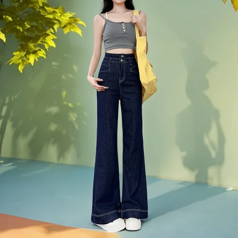 丹宁蓝微喇牛仔裤女秋季2024年新款爆款高腰宽松小个子喇叭裤子女