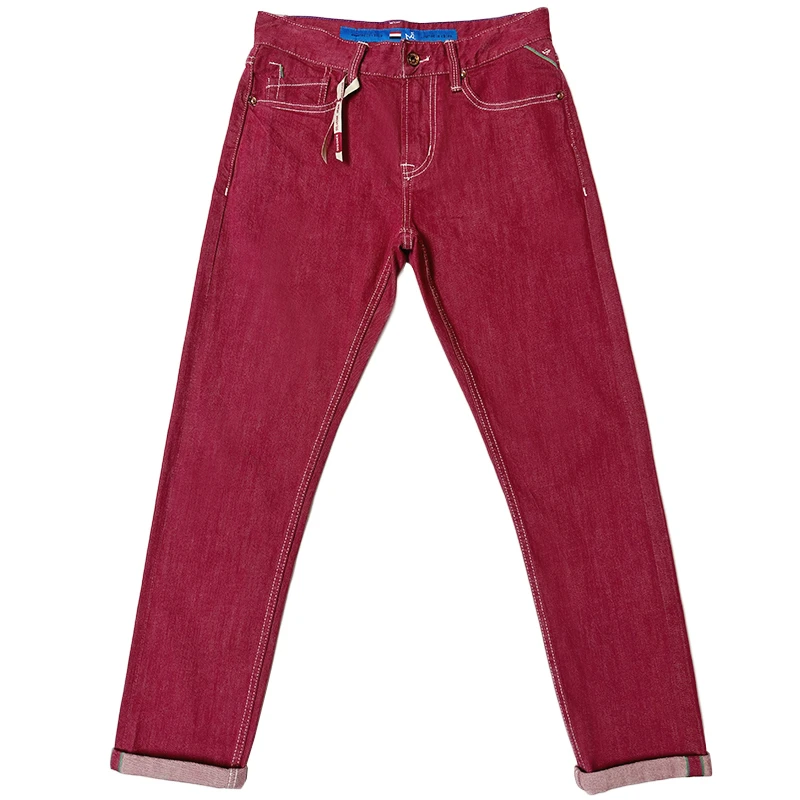 四季12盎司赤红色丹宁男士微锥版养牛级百搭原牛直筒中腰牛仔裤