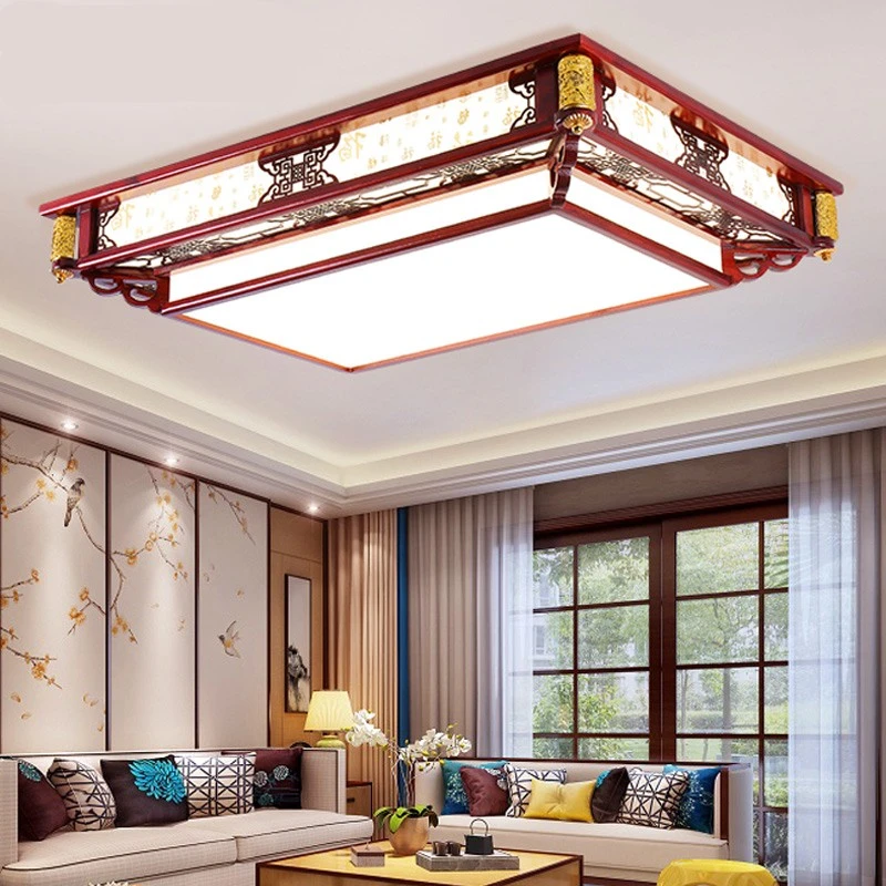 新中式吸顶灯客厅灯大气长方形实木卧室复古雕刻装饰饭厅书房灯具