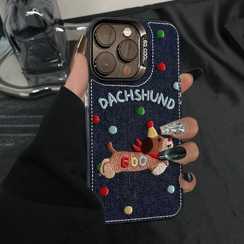 蓝布缝线小狗适用苹果16PROMAXiPhone14手机壳15简约个性可爱创意