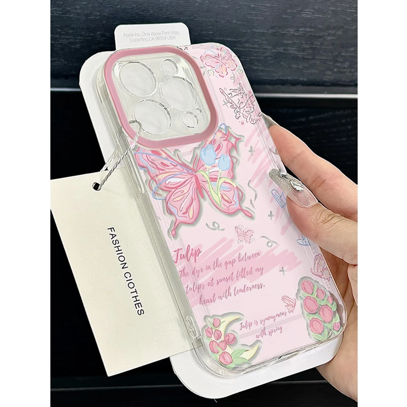 郁金香蝴蝶适用苹果15promax手机壳iPhone14透明13全包12卡通高级