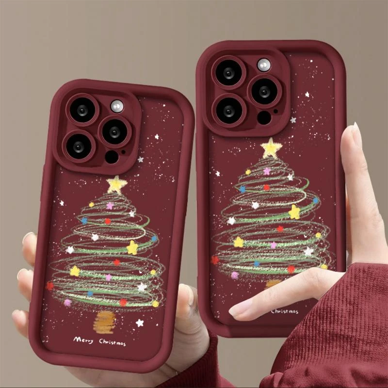 圣诞树苹果15手机壳14ProMax酒红iPhone13可爱11全包12防摔78软壳