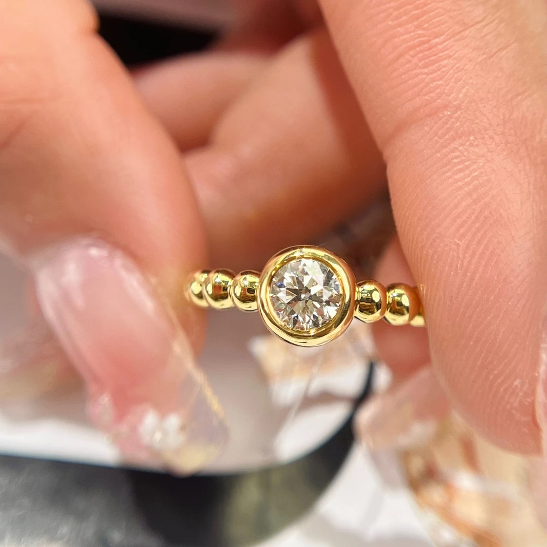 景至罗阳 18k黄经典泡泡滚珠钻石戒指轻奢复古精致单钻婚戒女款