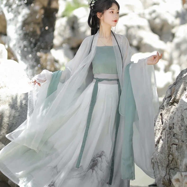 宋制汉服女款古装对襟大袖衫超仙山水齐腰裙长干寺汉元素改良
