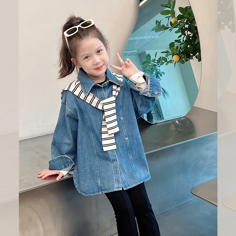 儿童洋气牛仔衬衫女童韩版长袖衬衣大童装外套开衫 3C123