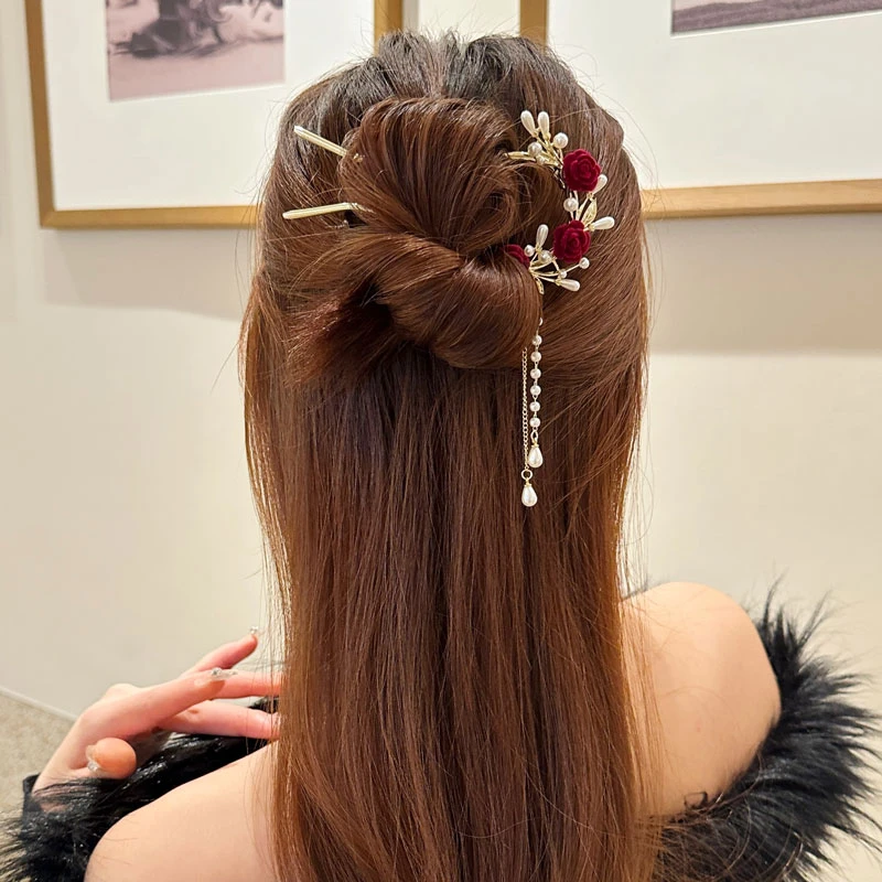 法式红色玫瑰花流苏发簪高级感U型簪子女古风旗袍头饰花朵发簪