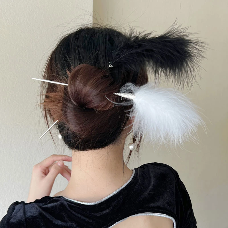 羽毛发簪女古风高级感汉服旗袍森系超仙气质百搭网红日常盘发簪子