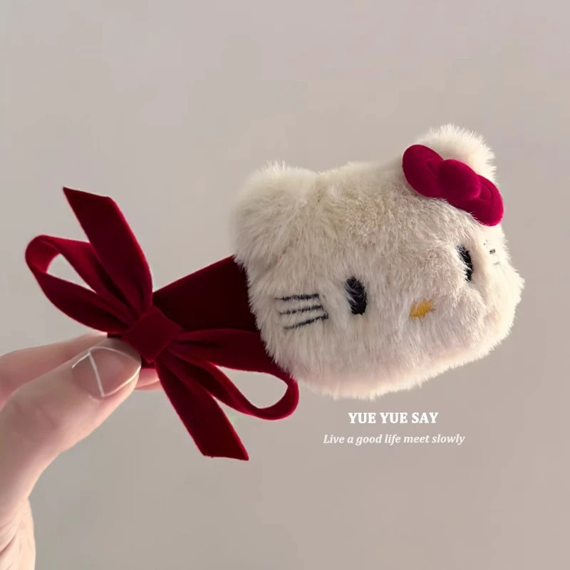 圣诞Kitty!! 秋冬毛绒绒KT猫咪发夹子红丝绒蝴蝶结BB夹刘海侧边夹
