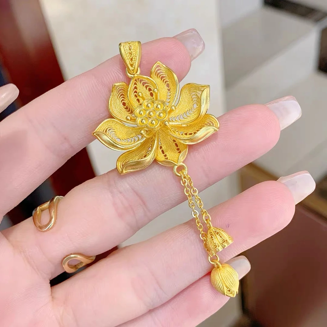 足金古法金黄金古法花丝莲花吊坠莲蕊莲蓬流苏女神节礼物