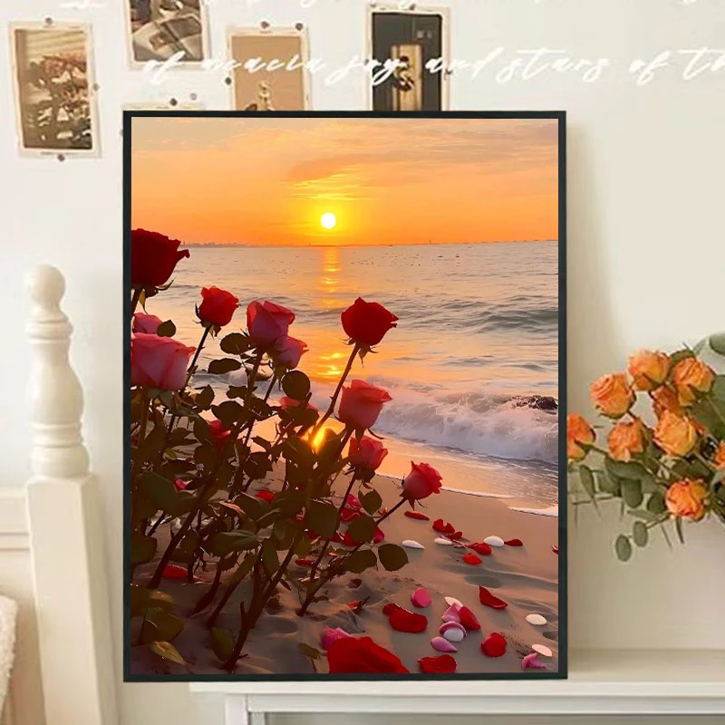 海上玫瑰DIY手工钻石画粘贴解压十字绣风景花卉客厅家居装饰挂画