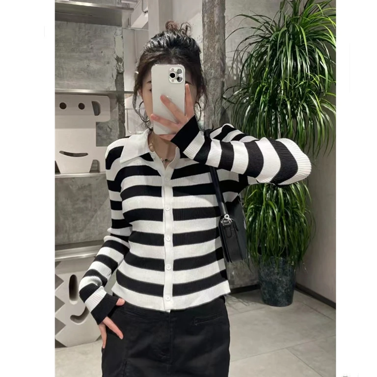 Miss HPL Y长袖针织衫显瘦百搭时尚休闲修身撞色条纹针织翻领上衣