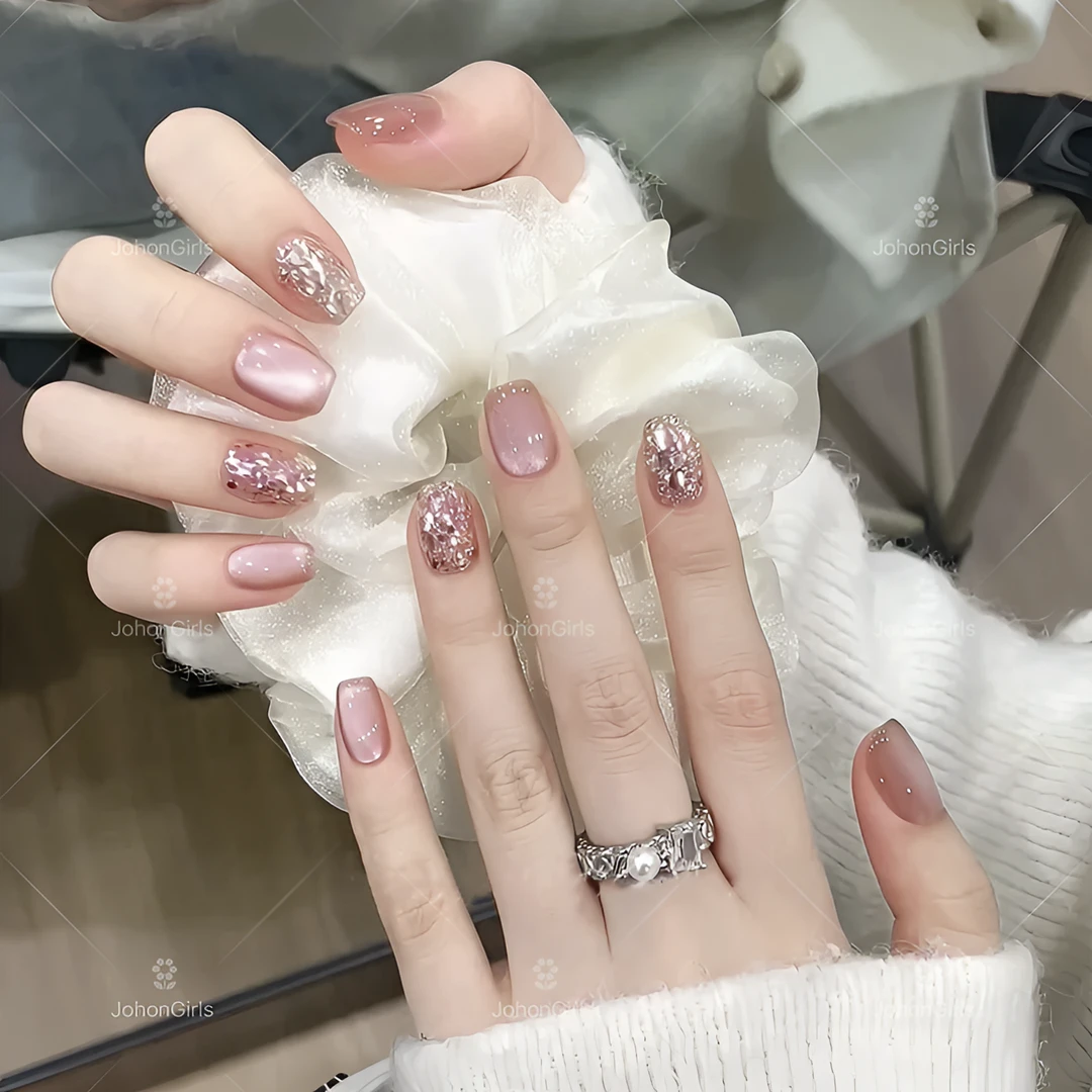 JohonGirls'/琴岛小嫚【玻璃之情】粉嫩追光玻璃珠猫眼手工穿戴甲片