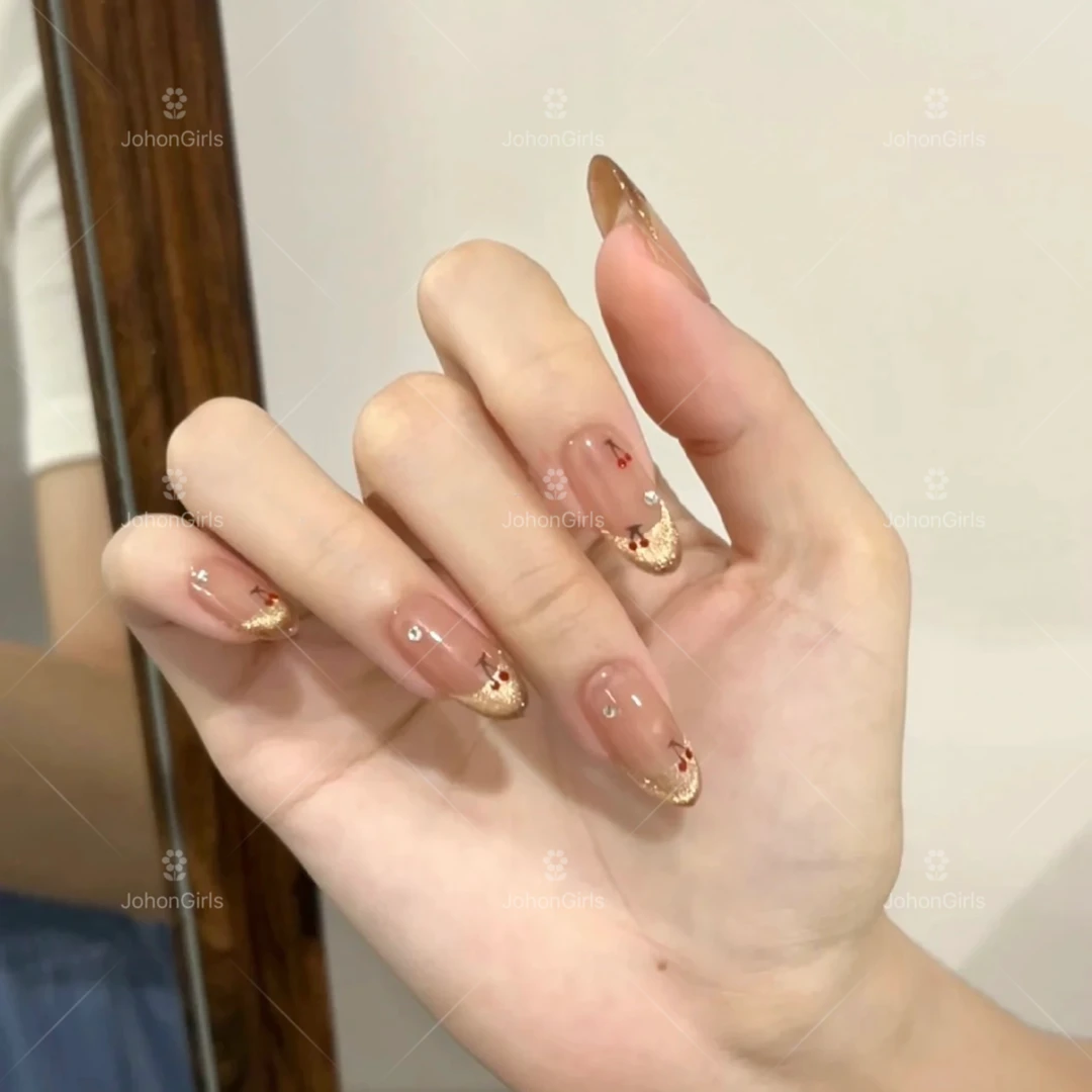 JohonGirls'/琴岛小嫚【法式樱桃】椭圆法式猫眼碎钻美甲手工穿戴甲