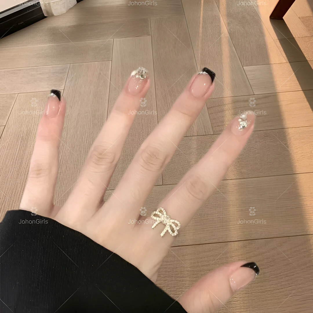 JohonGirls'/琴岛小嫚【黑色法式】春夏高级轻奢手绘美甲手工穿戴甲