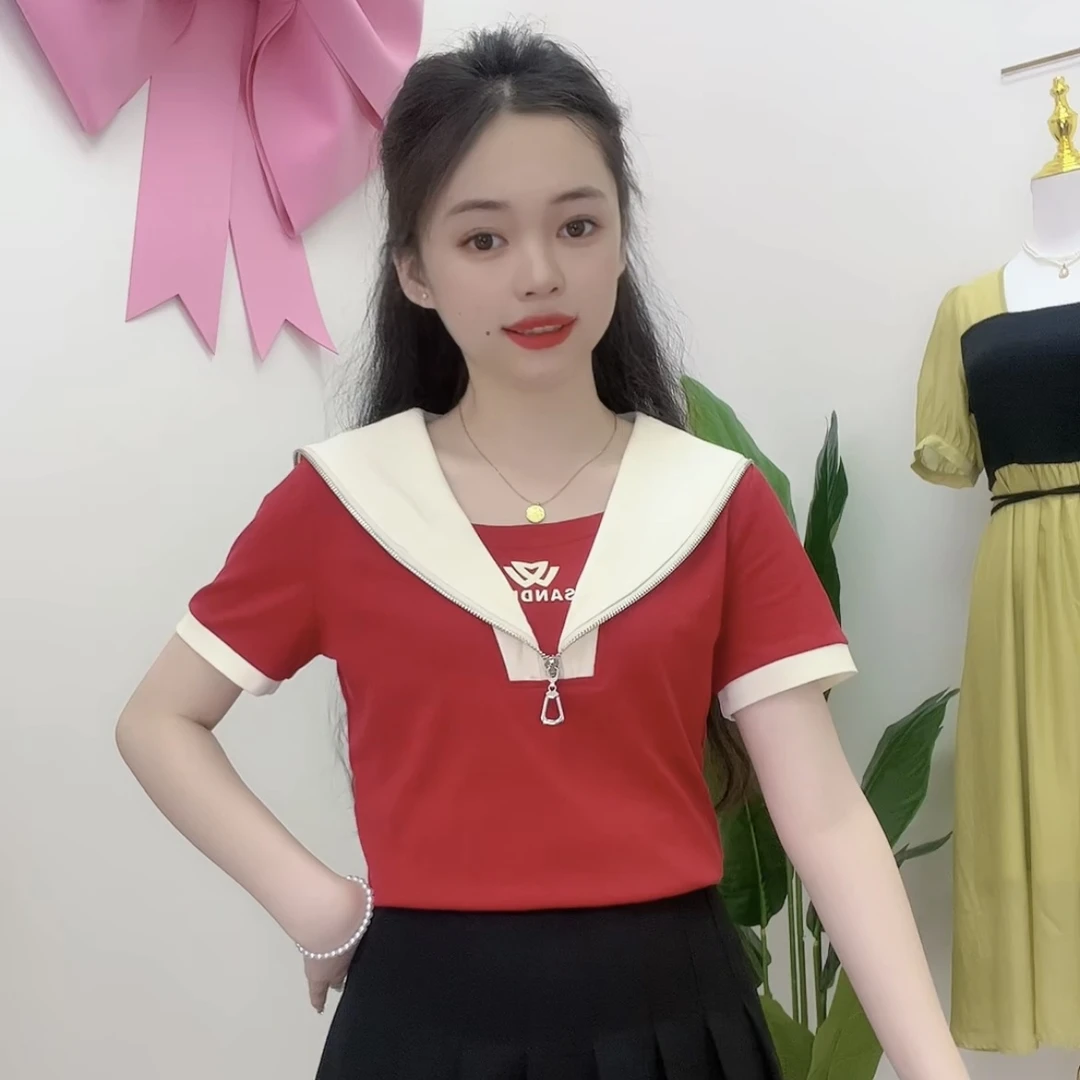 艾米娜推荐 时尚海军领减龄拼接设计字母印花修身显瘦上衣