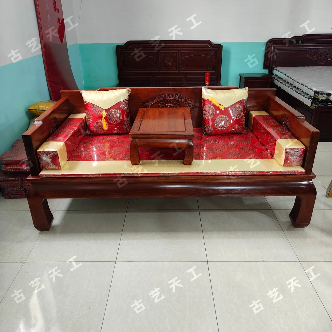 新中式北方老榆木扇形牡丹花厚板罗汉床明清古典小户型客厅沙发