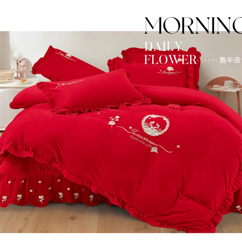 3【加厚小天鹅刺绣款】婴儿宝宝绒加密刺绣保暖被套床盖款四件套