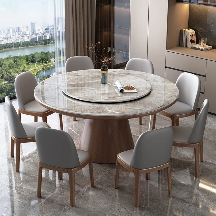 轻奢岩板餐桌椅组合现代简约家用圆桌带转盘电磁炉全实木圆形饭桌