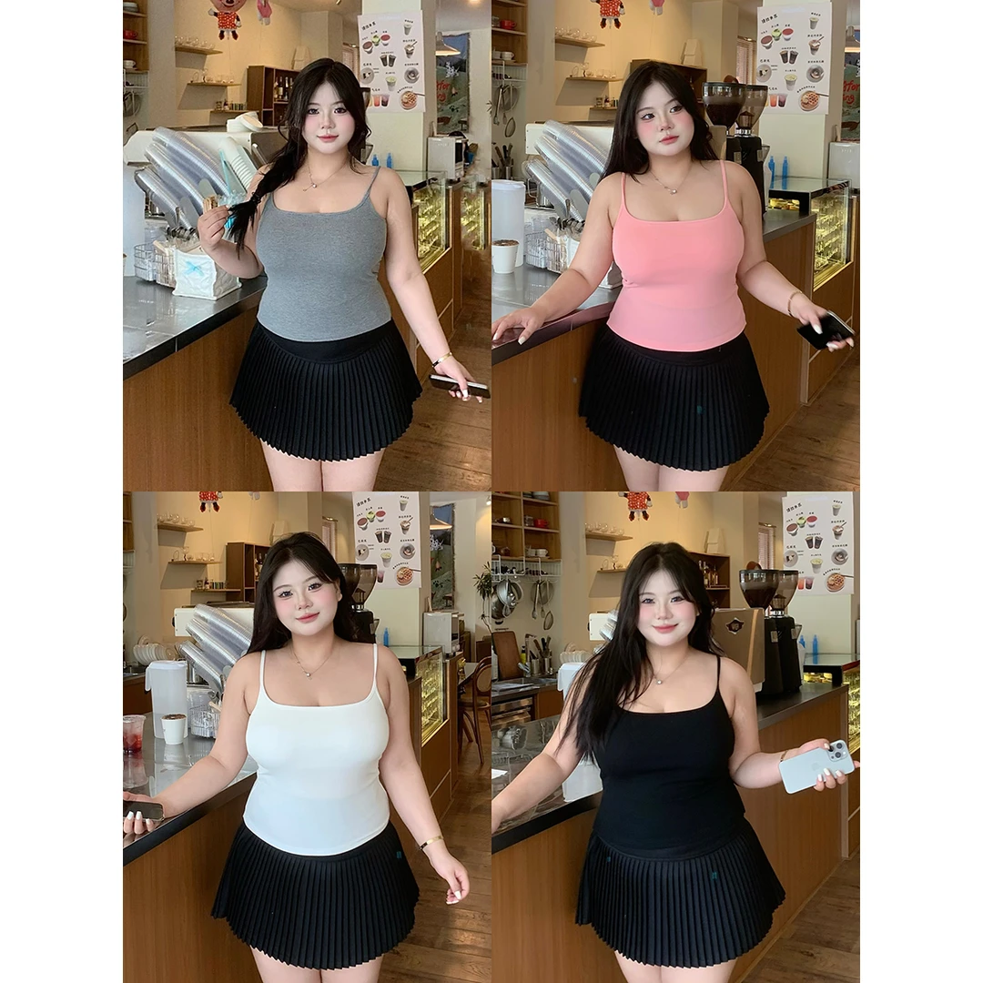 全球花【王炸吊带】大码吊带胖mm简约纯色背心显瘦胸垫弹力美背