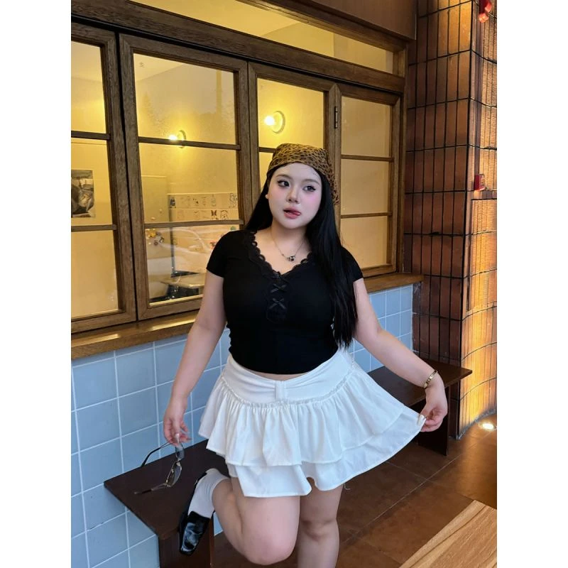 全球花【迷蝶蕾丝】微胖mm甜辣夏季把修身上衣白色百搭显瘦打底T恤