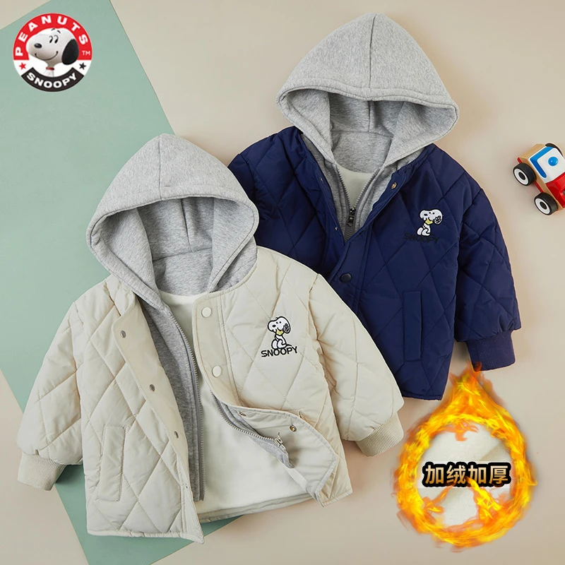 史努比男女童秋冬冬款加绒加厚保暖连帽棉服时尚休闲宽松外套