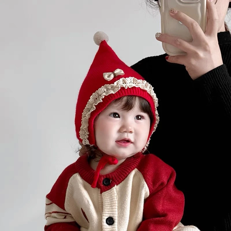 婴儿公主可爱针织毛线帽子冬季宝宝保暖红色套头帽男女小月龄护耳