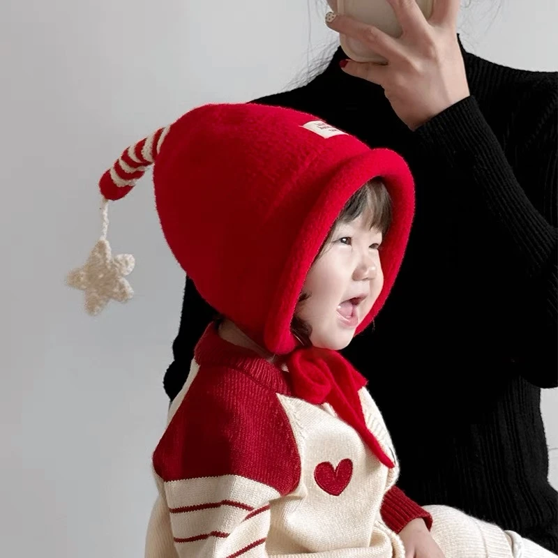 宝宝帽子冬天红色针织毛线帽婴幼儿可爱保暖套头帽男女小童护耳帽