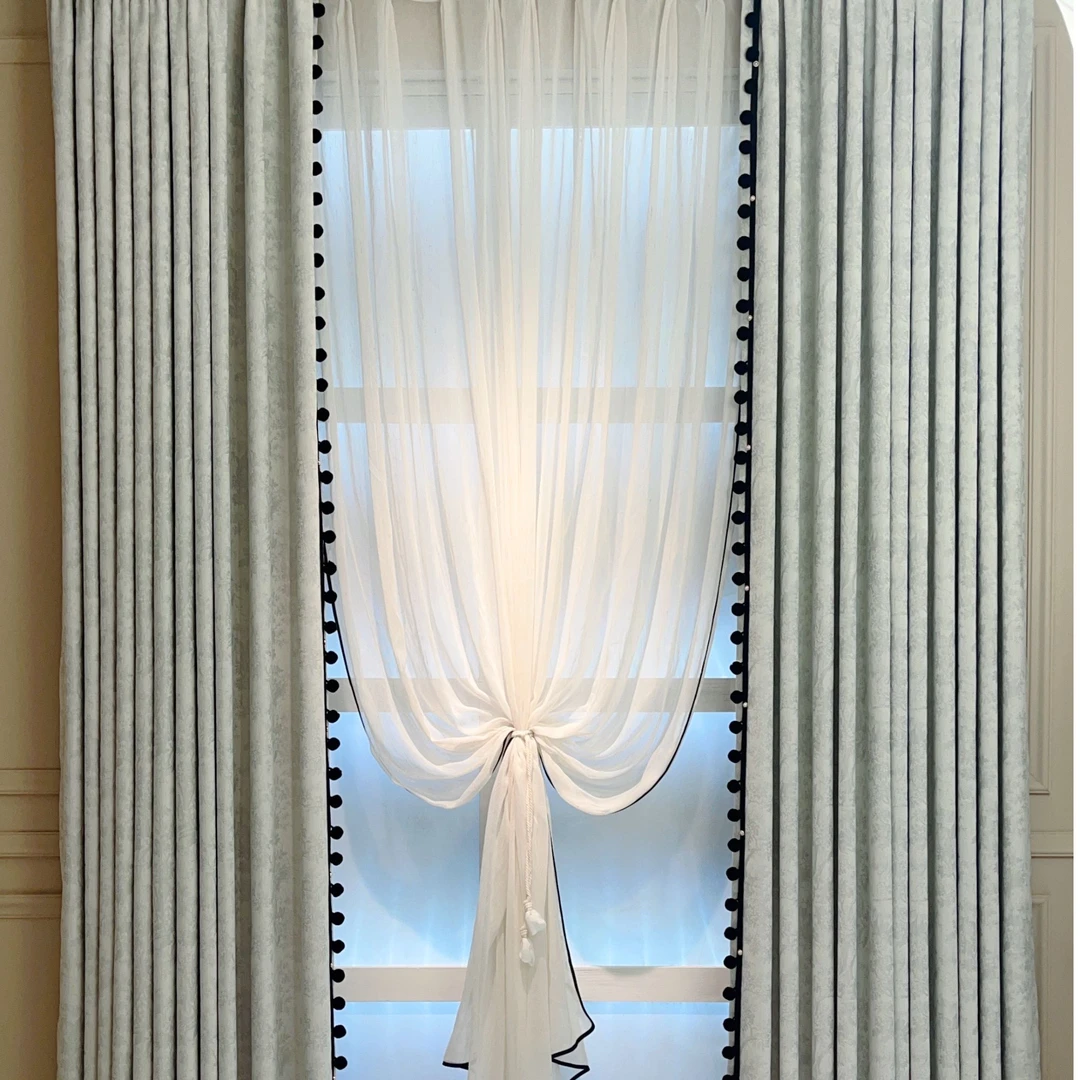 明雅高端美式复古奶灰雪尼尔窗帘遮光