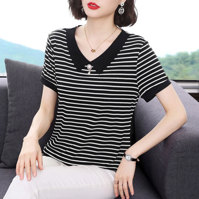 纯棉娃娃领条纹短袖t恤女大码2024夏装新款宽松洋气小衫妈妈上衣