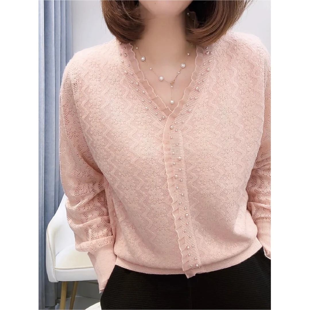 法式小众气质蕾丝边钉珠v领洋气针织打底衫女秋冬装显瘦内搭上衣