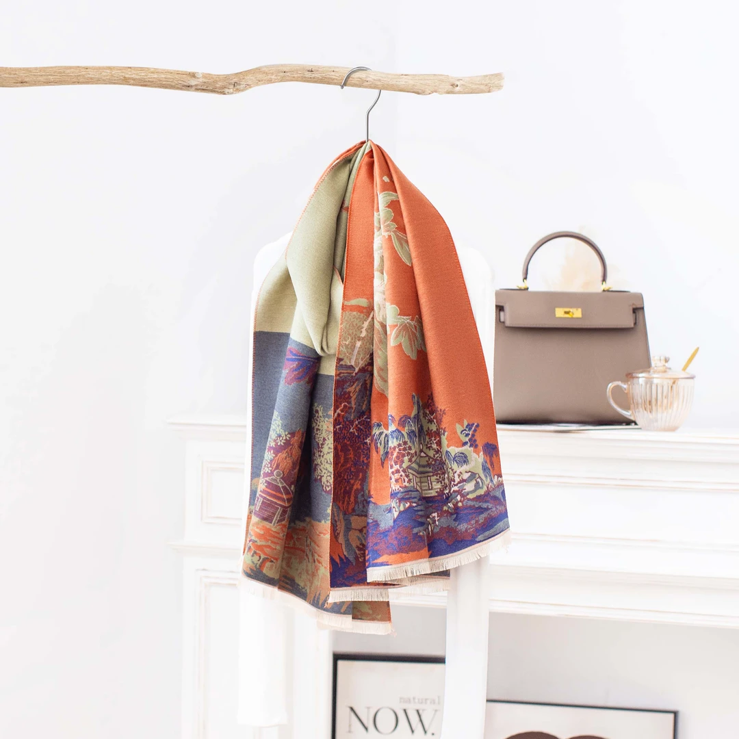 达芬奇密码2025新款亭台牡丹双面两用仿羊绒办公室保暖披肩礼盒