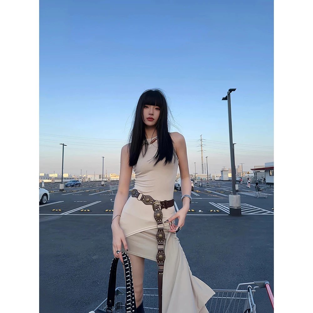个性西部牛仔风金属环扣PU皮腰带女复古铆钉美拉德装饰y2k宽腰带