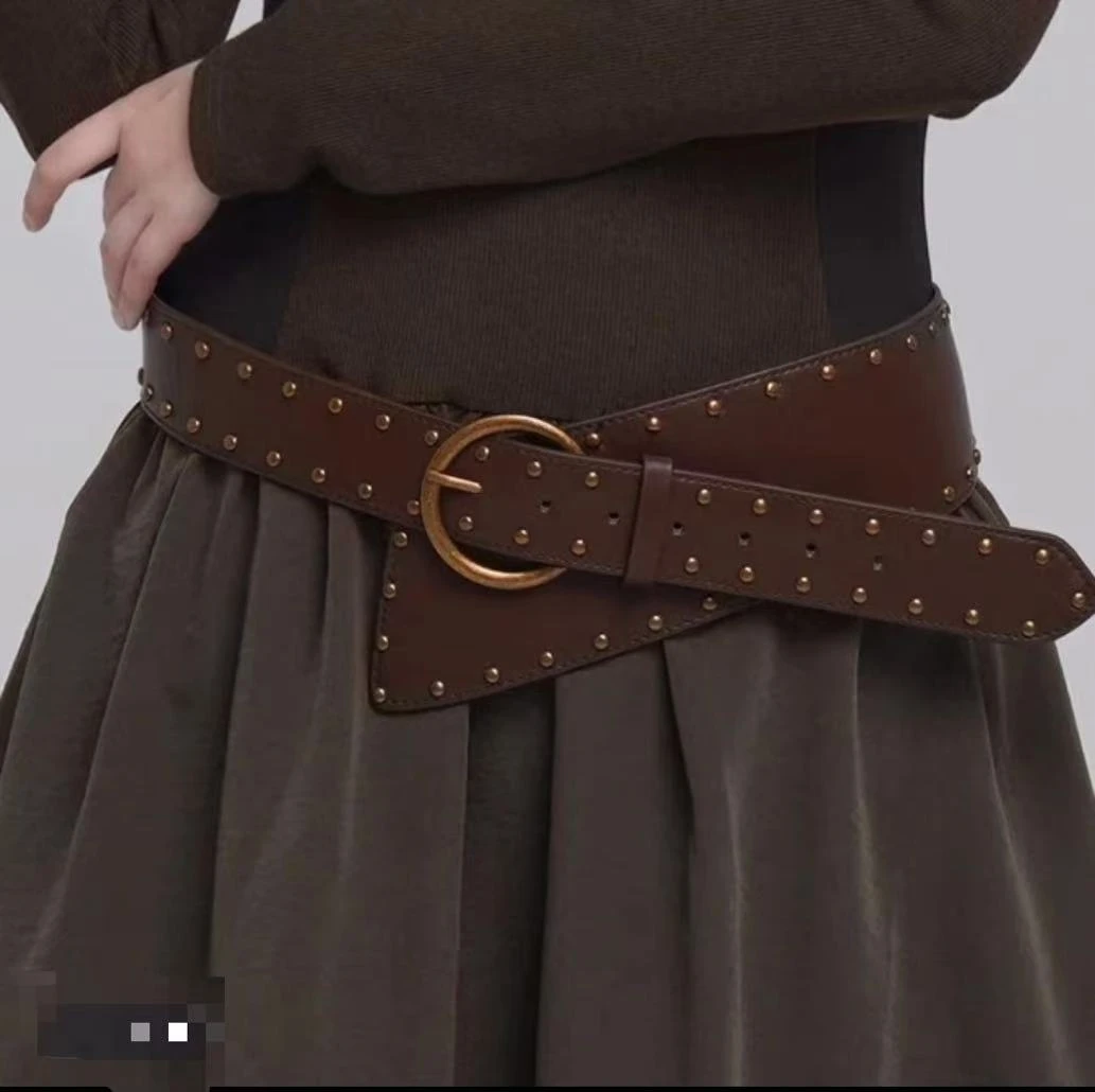 Three N棕色复古腰封宽腰带搭配感甜酷个性小众设计牛仔裤裙带