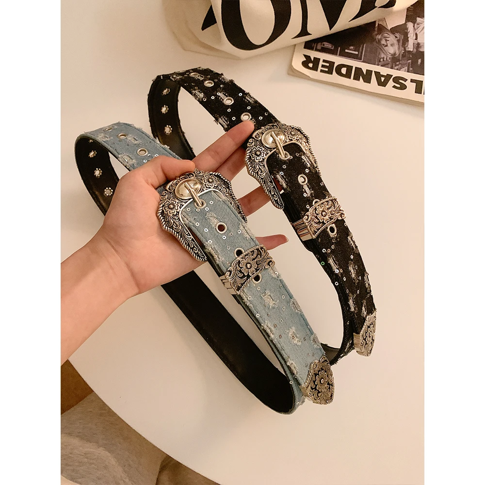 美式辣妹y2k蓝色牛仔腰带女复古雕花小众设计感皮带百搭配饰高级