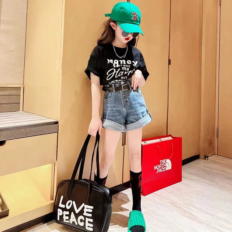 夏季新款圆领T恤100%纯棉短袖男女童装宽松洋气潮流百搭上衣ins