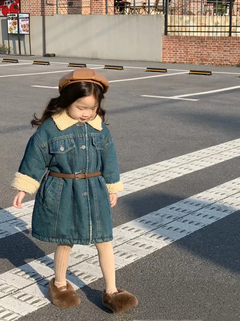 【柚米新品】韩版女童冬款加厚中长款牛仔外套（足码偏大）