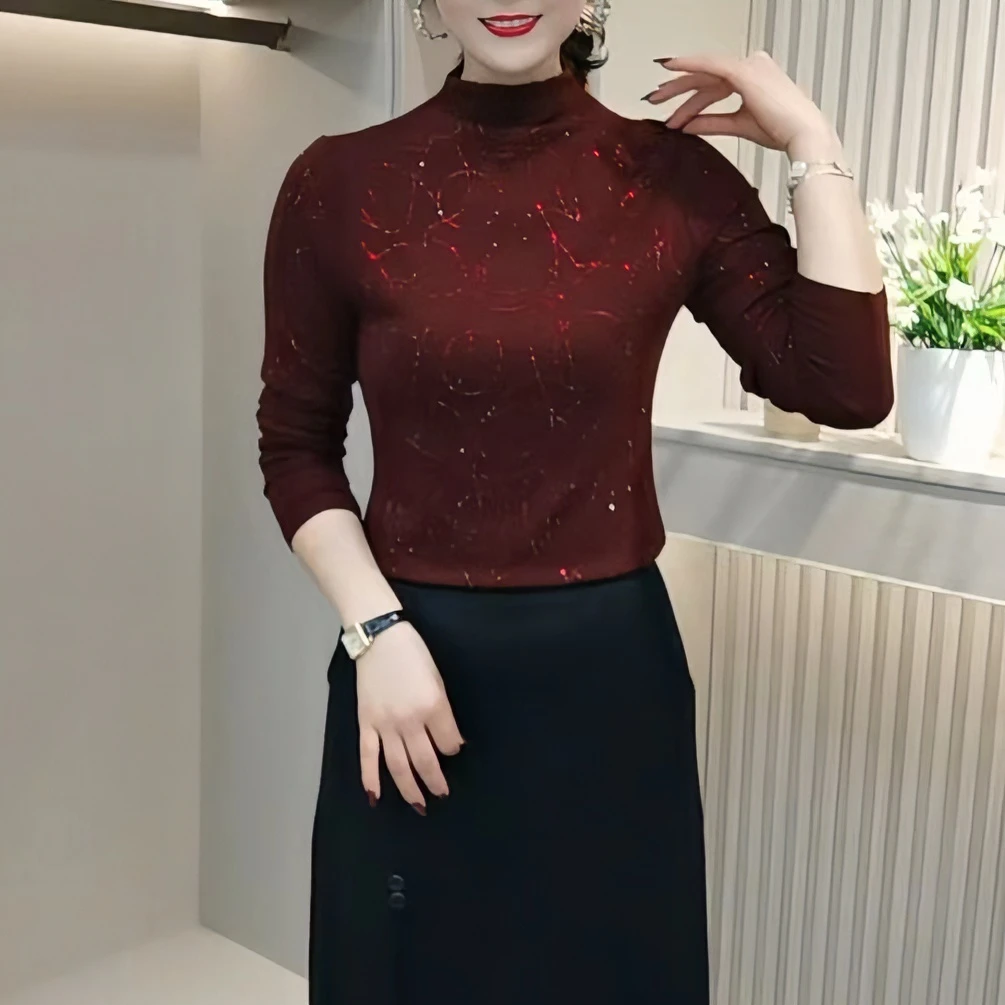 2024新款欧版洋气半高领上衣百搭气质显瘦烟花烫钻气质小衫