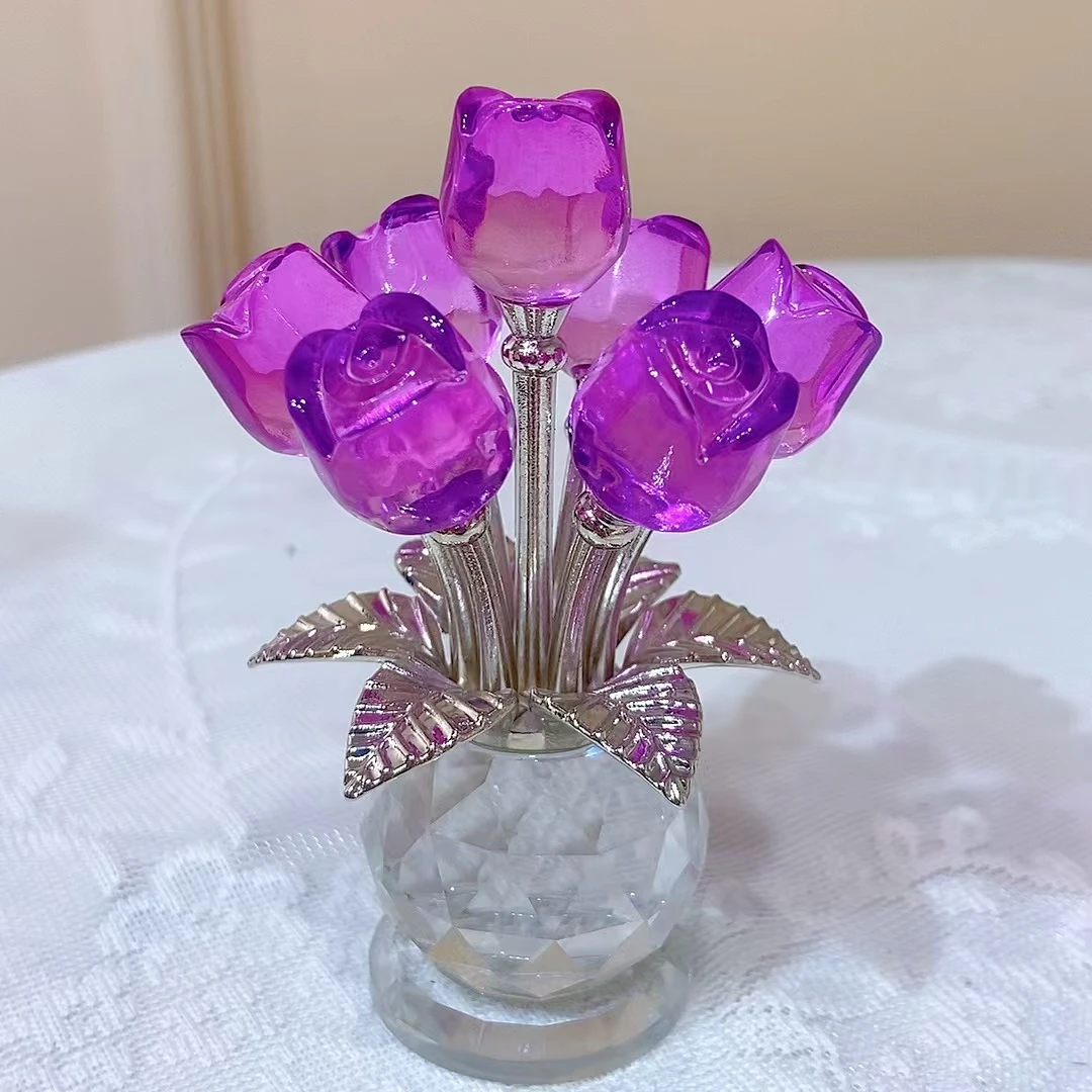 高档水晶七头玫瑰花工艺品家居装饰创意摆件