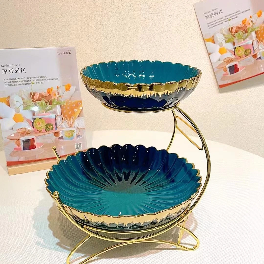 【食分碗美】轻奢陶瓷高端双层祖母绿水果盘圆形款