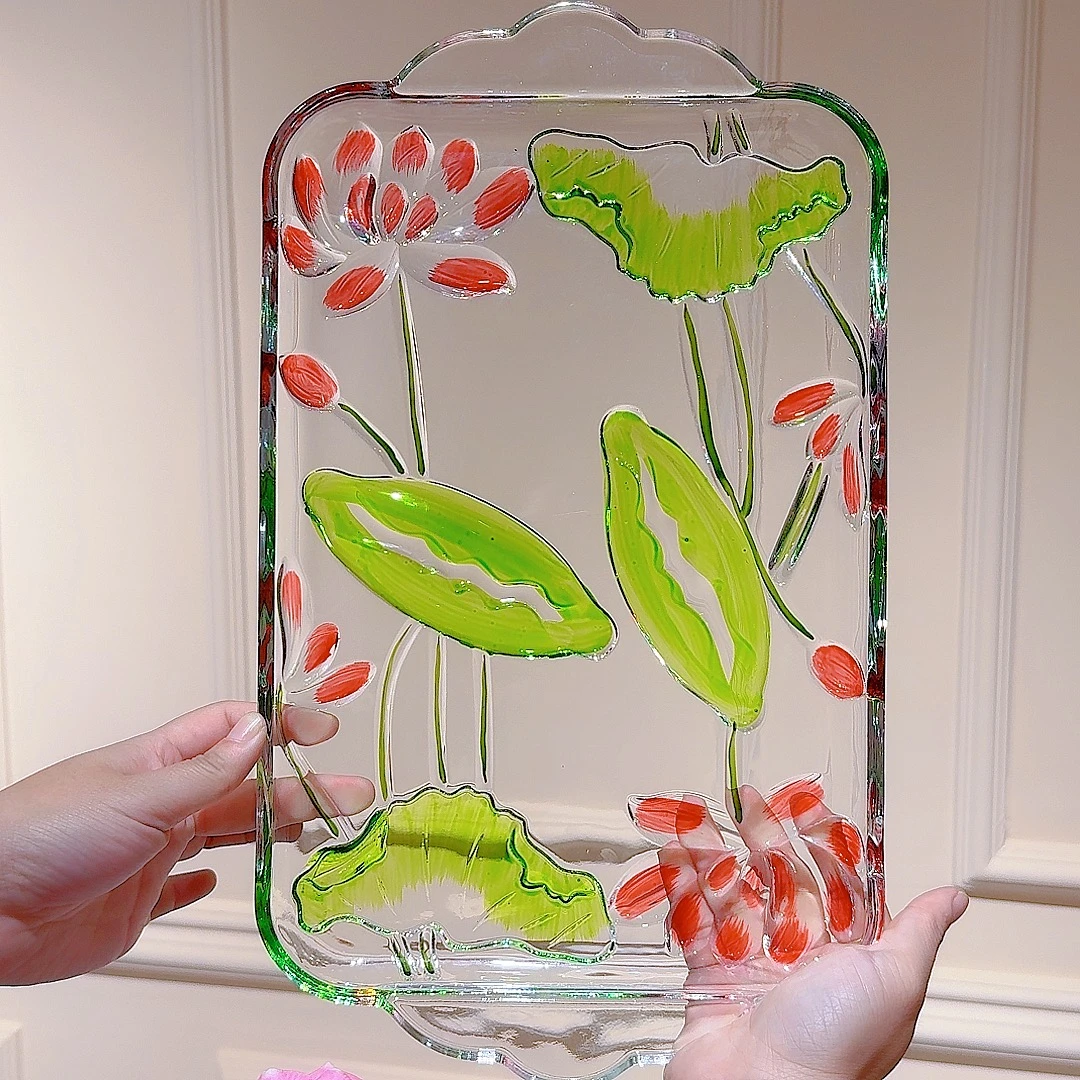 彩色手绘 荷花水晶玻璃果盘托盘茶盘点心盘家用水果盘