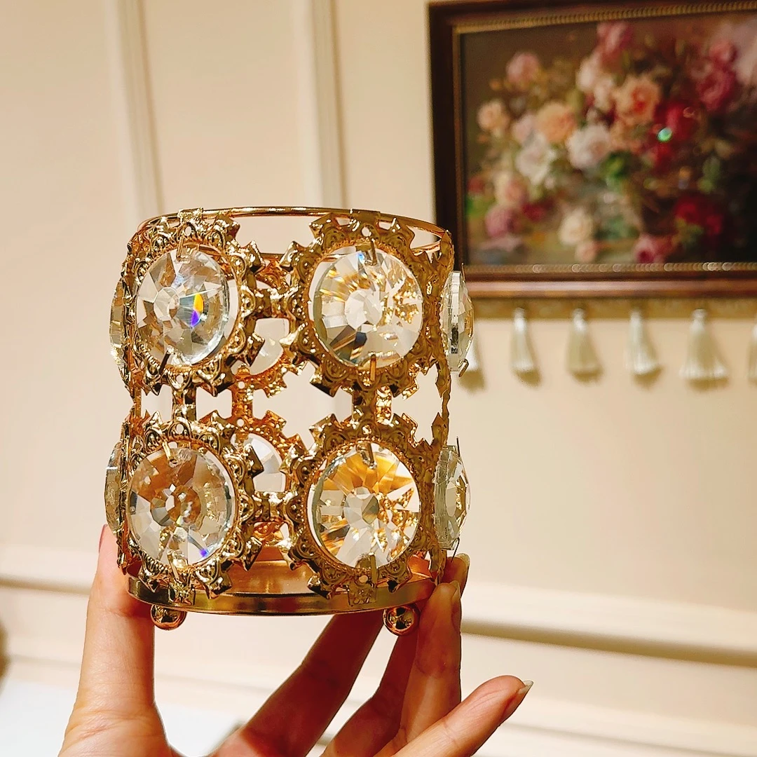 网红金属水晶玻璃笔筒收纳盒时尚欧式桌面桶化妆刷工具专业摆件筒