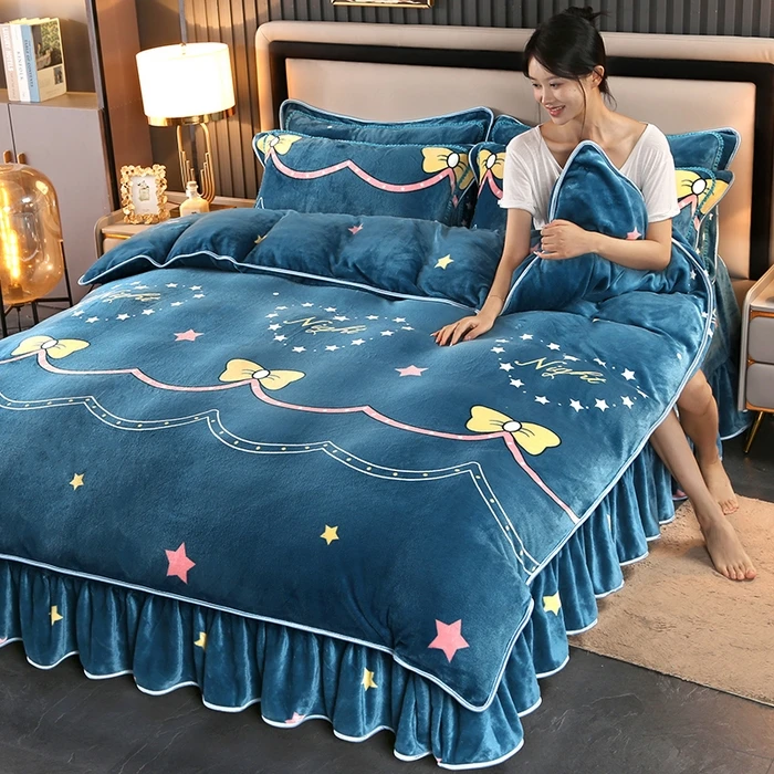 秋冬款加厚牛奶绒四件套加绒加厚床单床裙款单双人床上用品套件