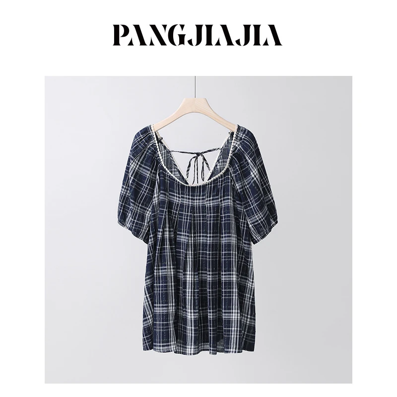 【胖佳佳】英伦格调 撞色格纹衬衫夏季时尚气质短袖小衫H624Z10189